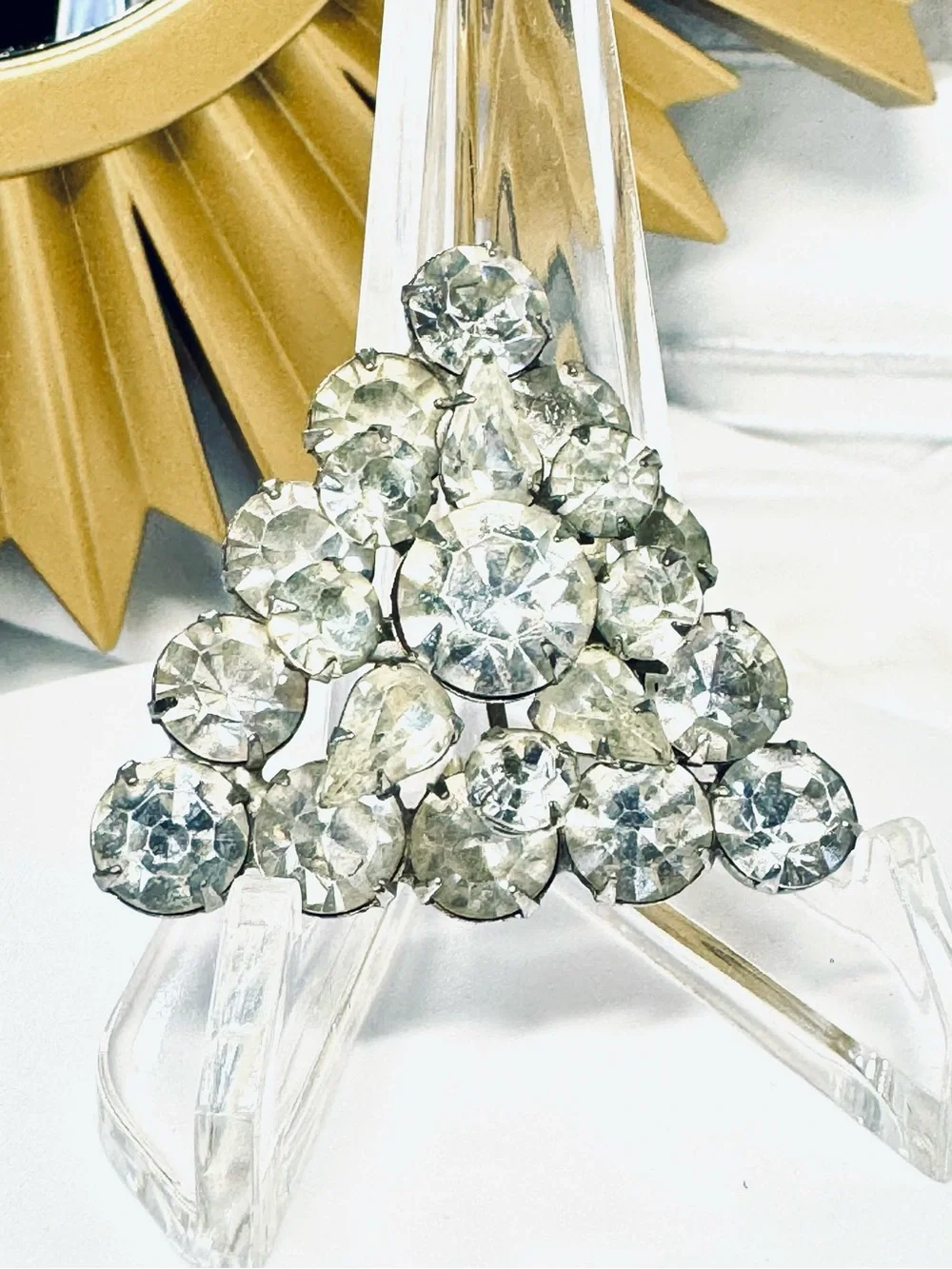 Crystal Cluster Triangle Brooch - Clear Rhinestone Accent